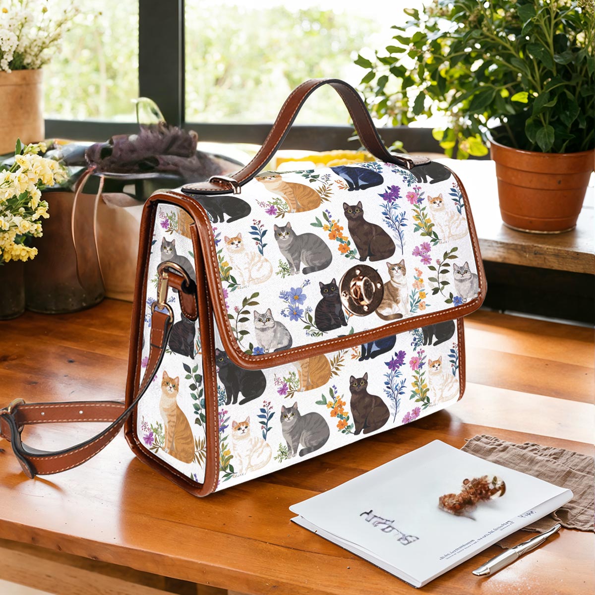 Cat Lover Satchel Handbag Charming Floral Cats