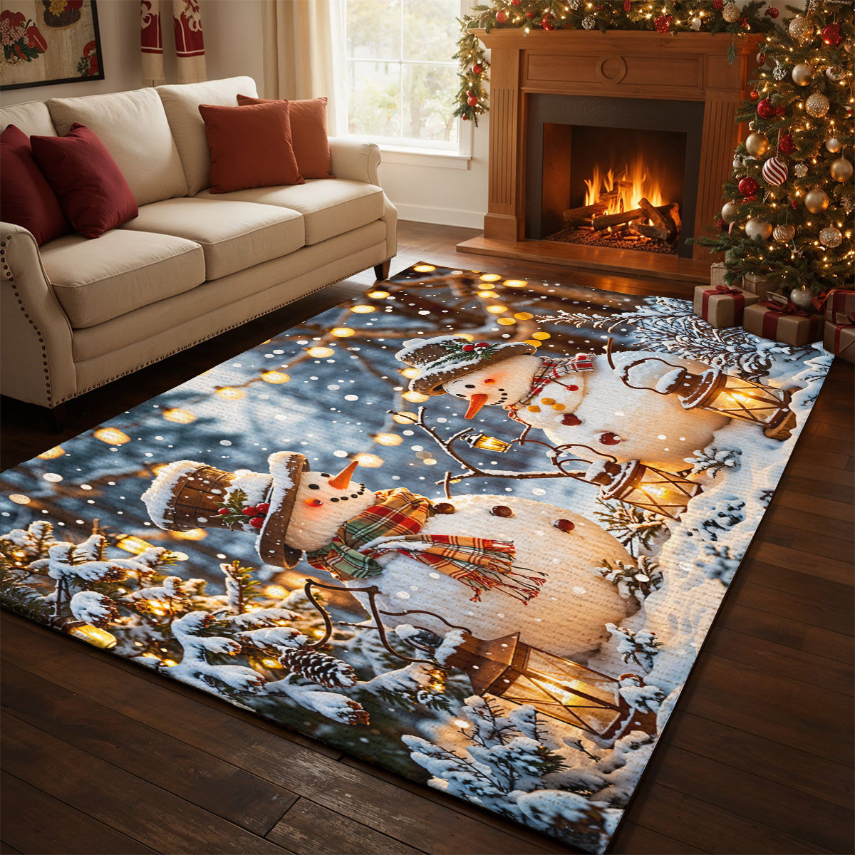 Christmas Area Rug Happy Snowmen’s Cozy Forest Glow