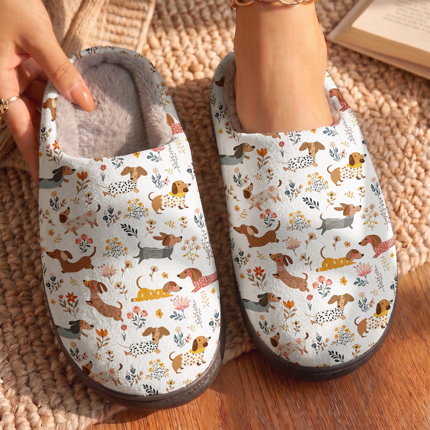 Dachshund Fleece Lined Slippers Happy Field Flowers