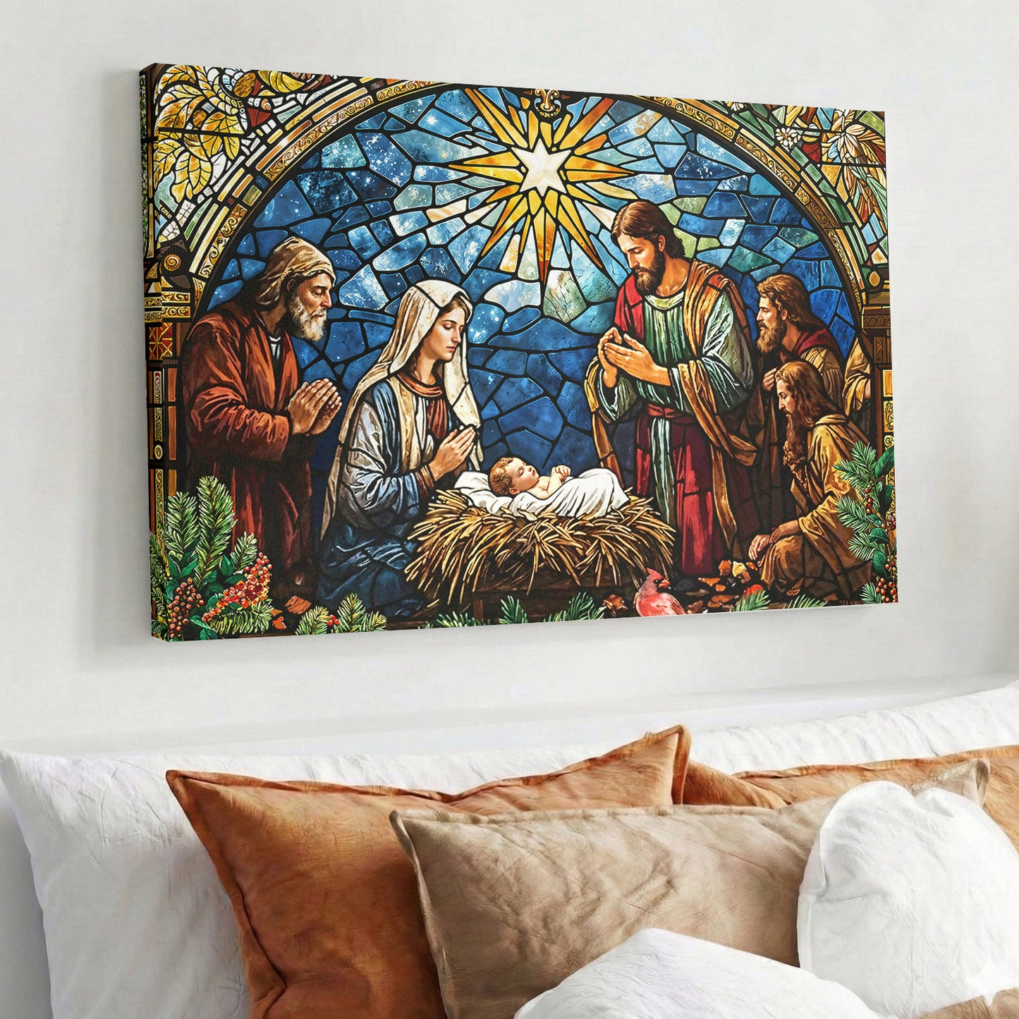 God Wooden-Framed Canvas Wall Art The Holy Night in Stained Glass