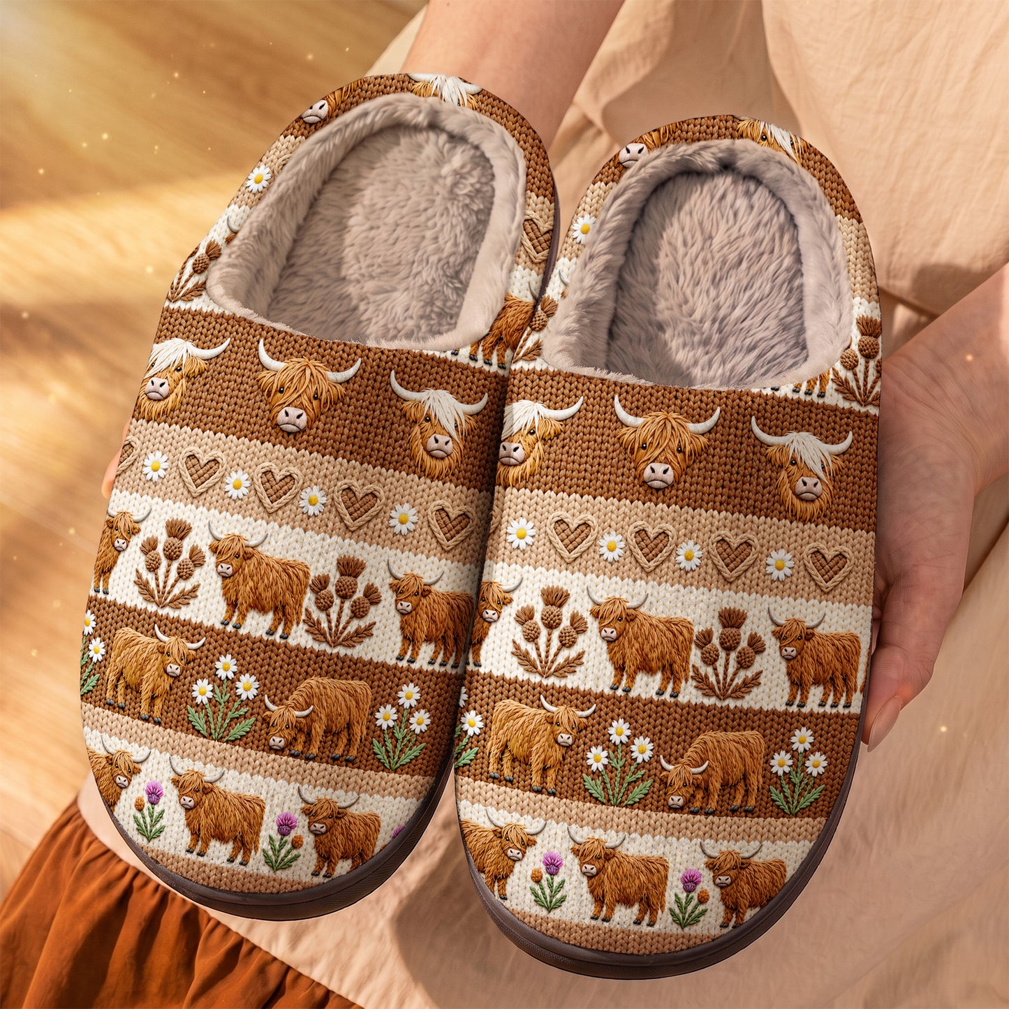 Cozy Highland Cow Meadow Fleece Lined Slippers