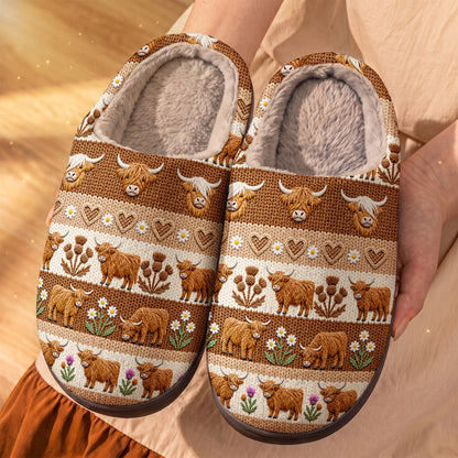 Cozy Highland Cow Meadow Fleece Lined Slippers