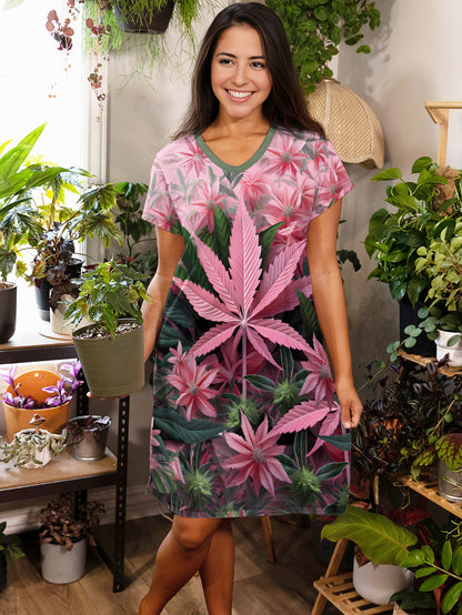 Weed Lover V-neck Nightshirt Pink Haze Dreams