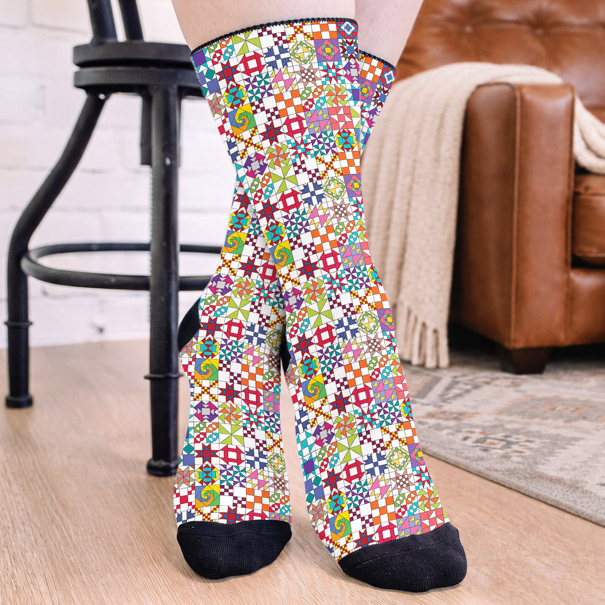 Sewing Lover Crew Socks Colorful Quilt Blocks