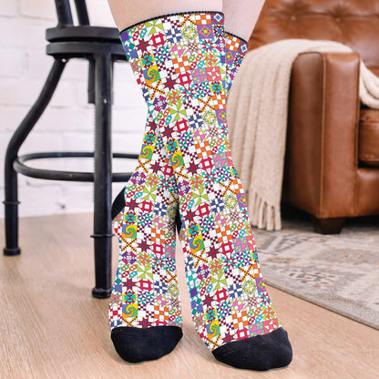 Sewing Lover Crew Socks Colorful Quilt Blocks