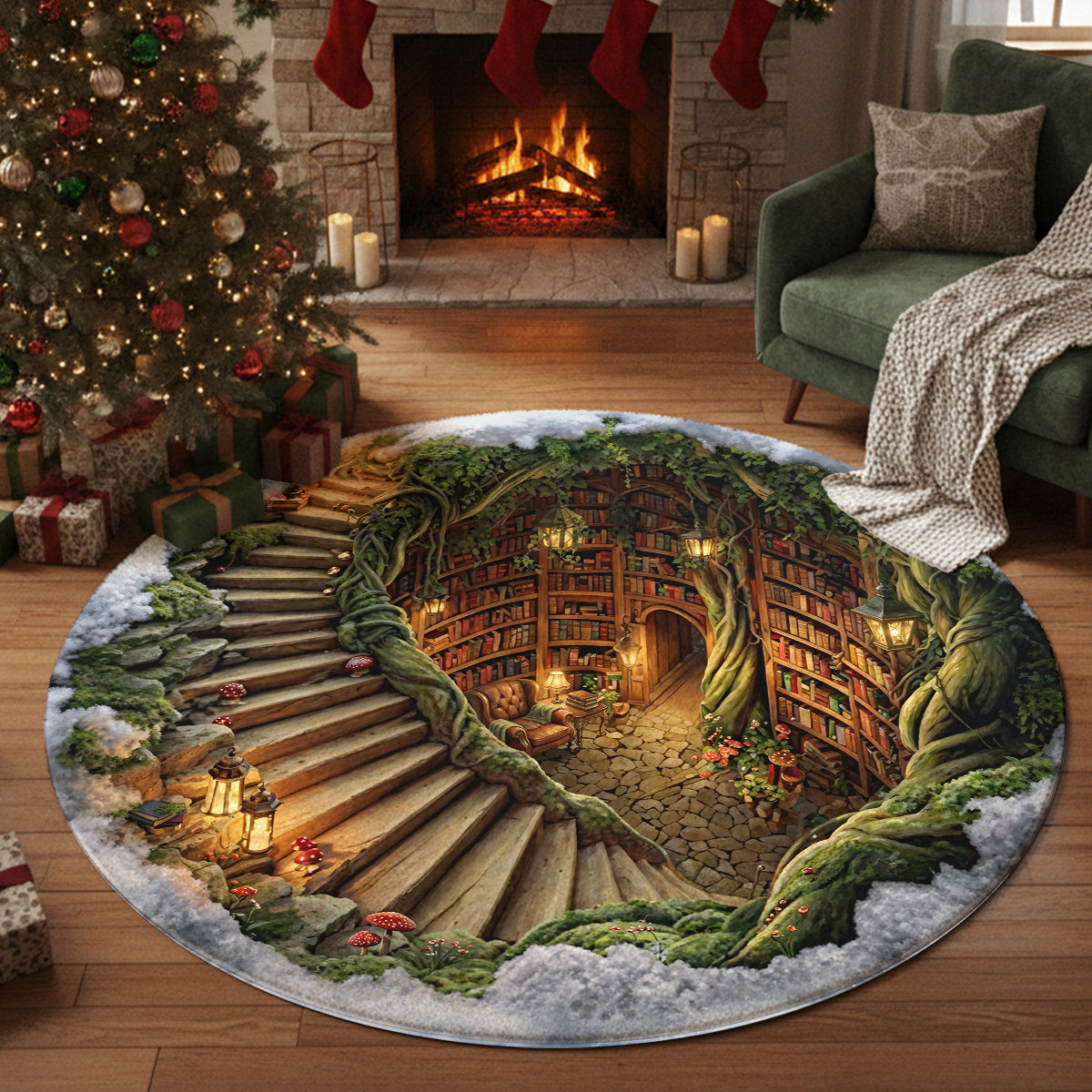 Reading Round Rug Cozy Enchanted Library Hollow 3D Illusion Flat Print