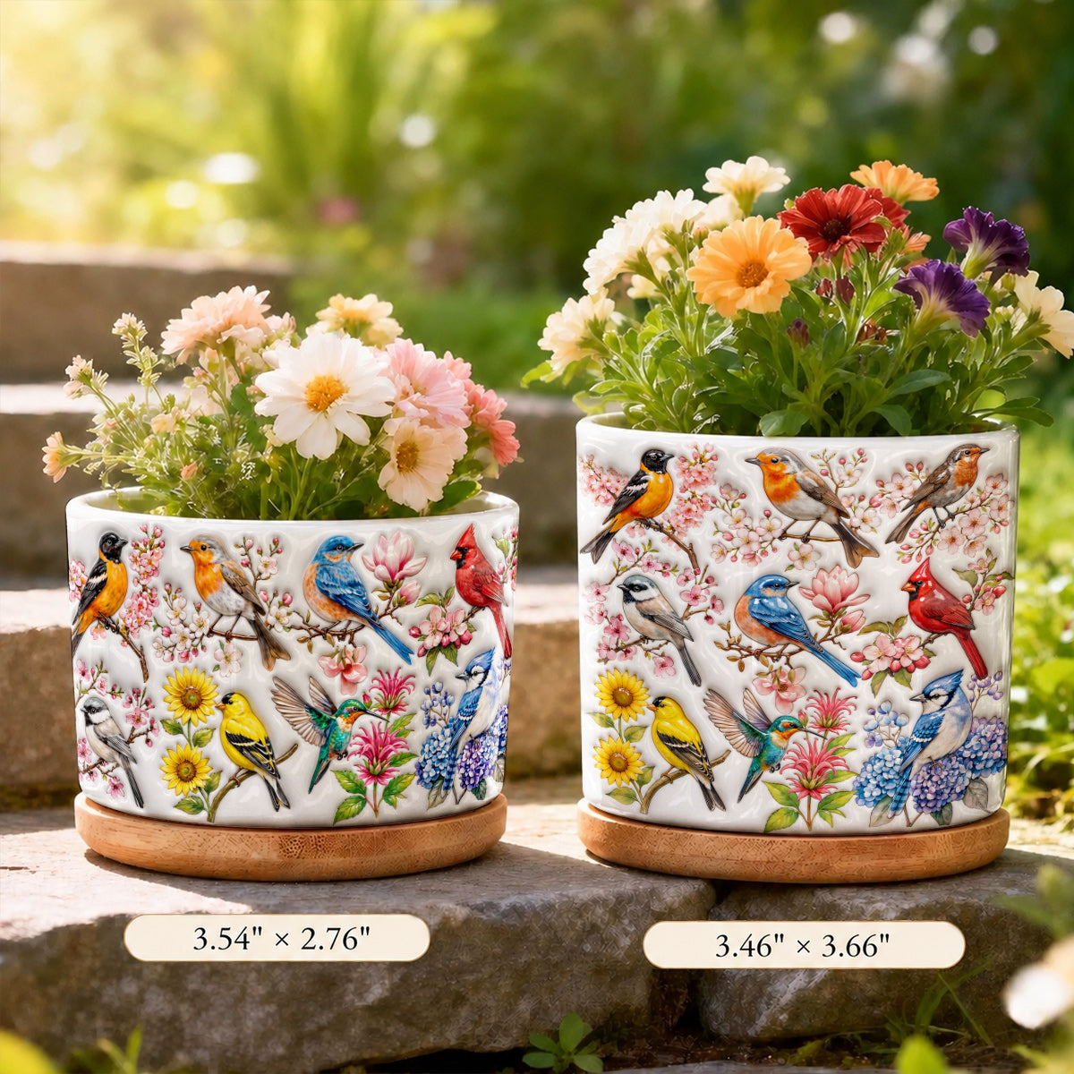 Bird Lovers Ceramic Plant Pot with Bamboo Tray Spring Birds Blossom Garden
