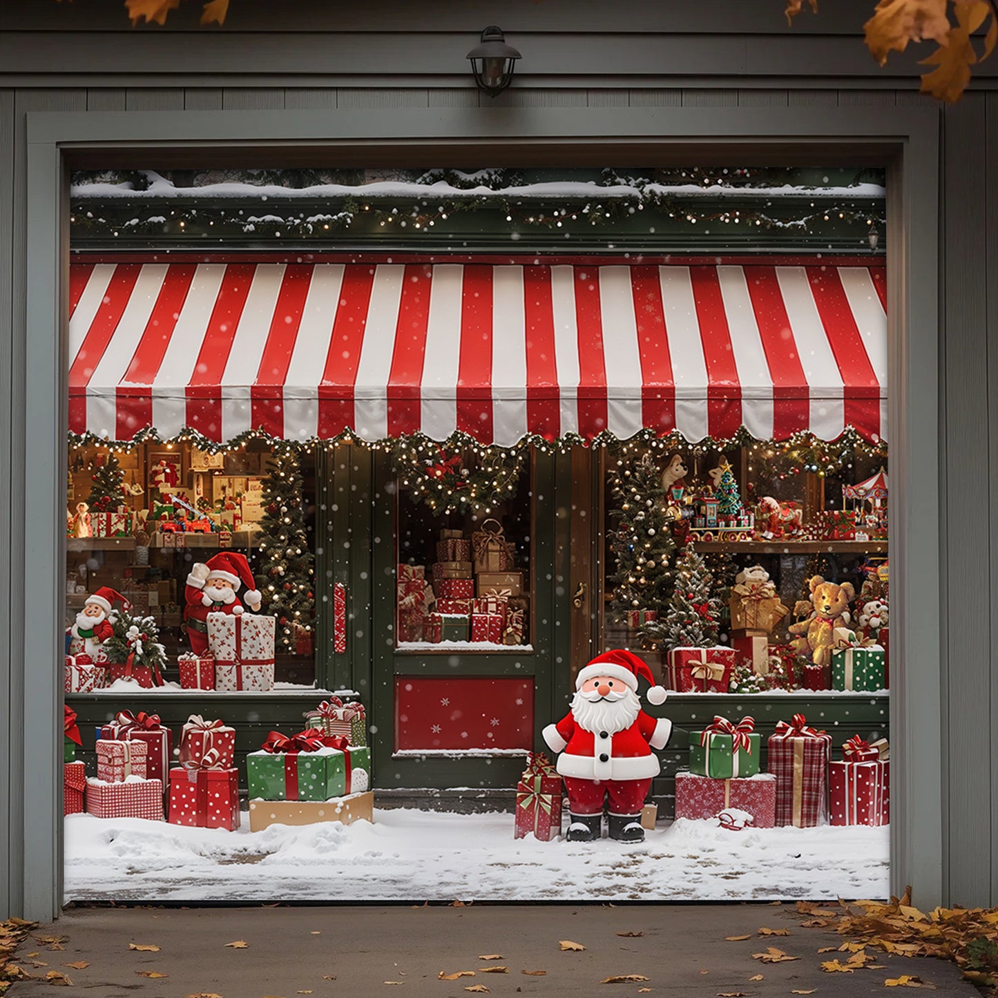 Christmas Garage Door Banner Decoration - Christmas Magic at the Window A Snowy Shopfront with Santa and Presents