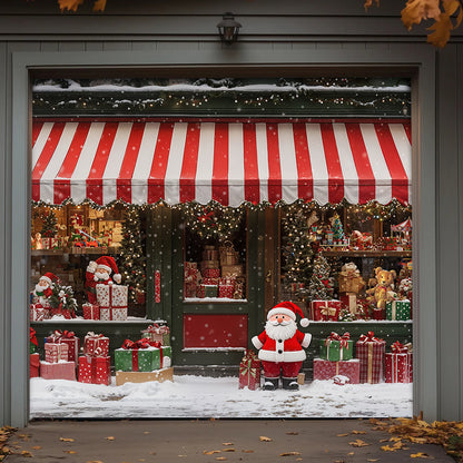 Christmas Garage Door Banner Decoration - Christmas Magic at the Window A Snowy Shopfront with Santa and Presents