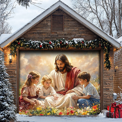 God Garage Door Banner Decoration - Jesus and the Little Ones In the Wildflower Meadow