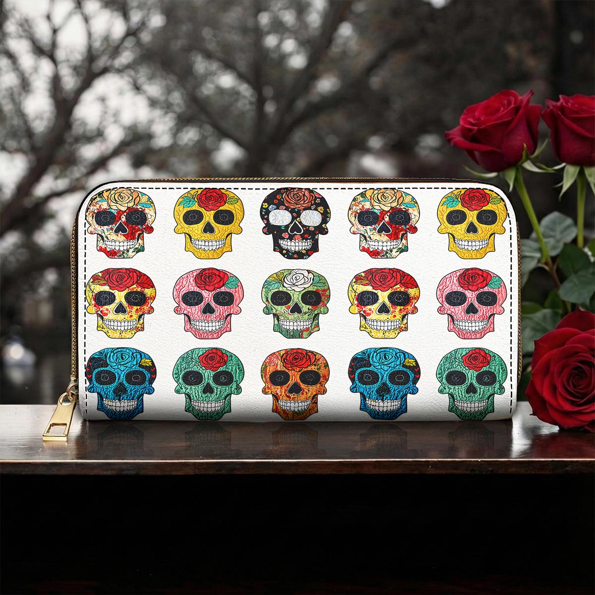 Sugar Skull Leather Wallet Colorful Rose Sugar Skulls