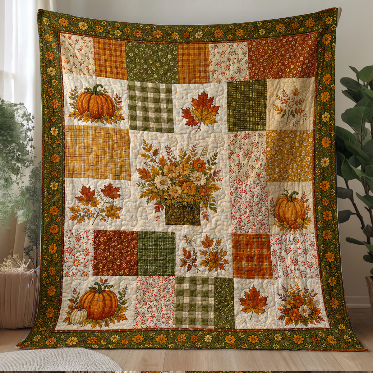 Autumn Harvest Bouquet Patchwork Quilted Blanket