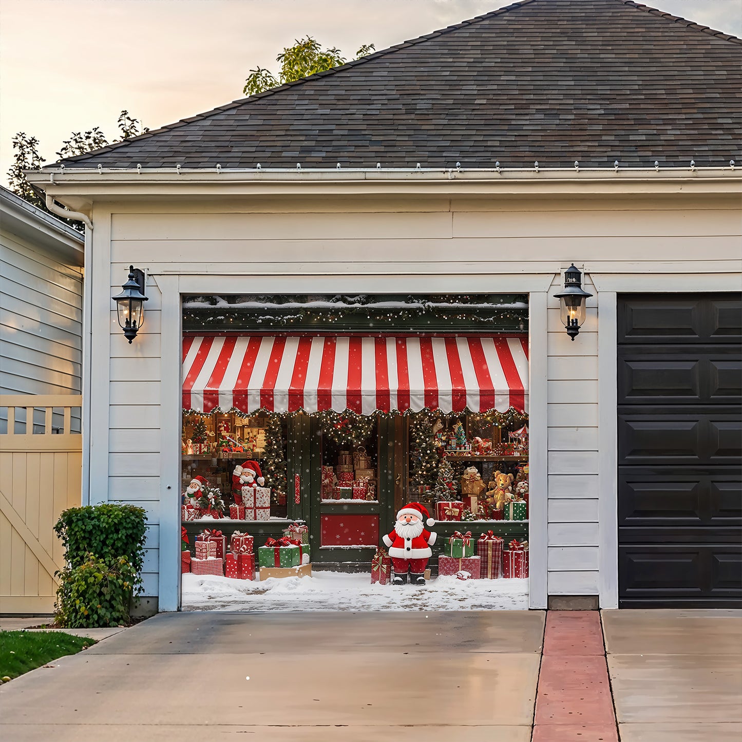 Christmas Garage Door Banner Decoration - Christmas Magic at the Window A Snowy Shopfront with Santa and Presents