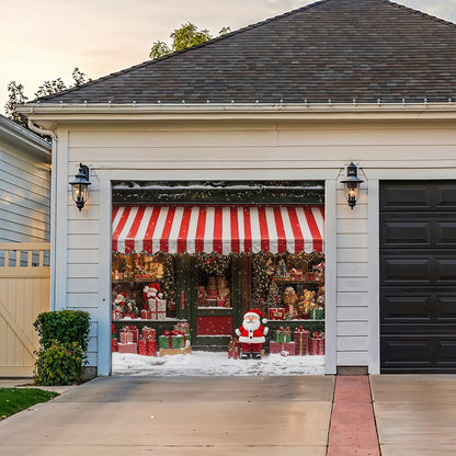 Christmas Garage Door Banner Decoration - Christmas Magic at the Window A Snowy Shopfront with Santa and Presents