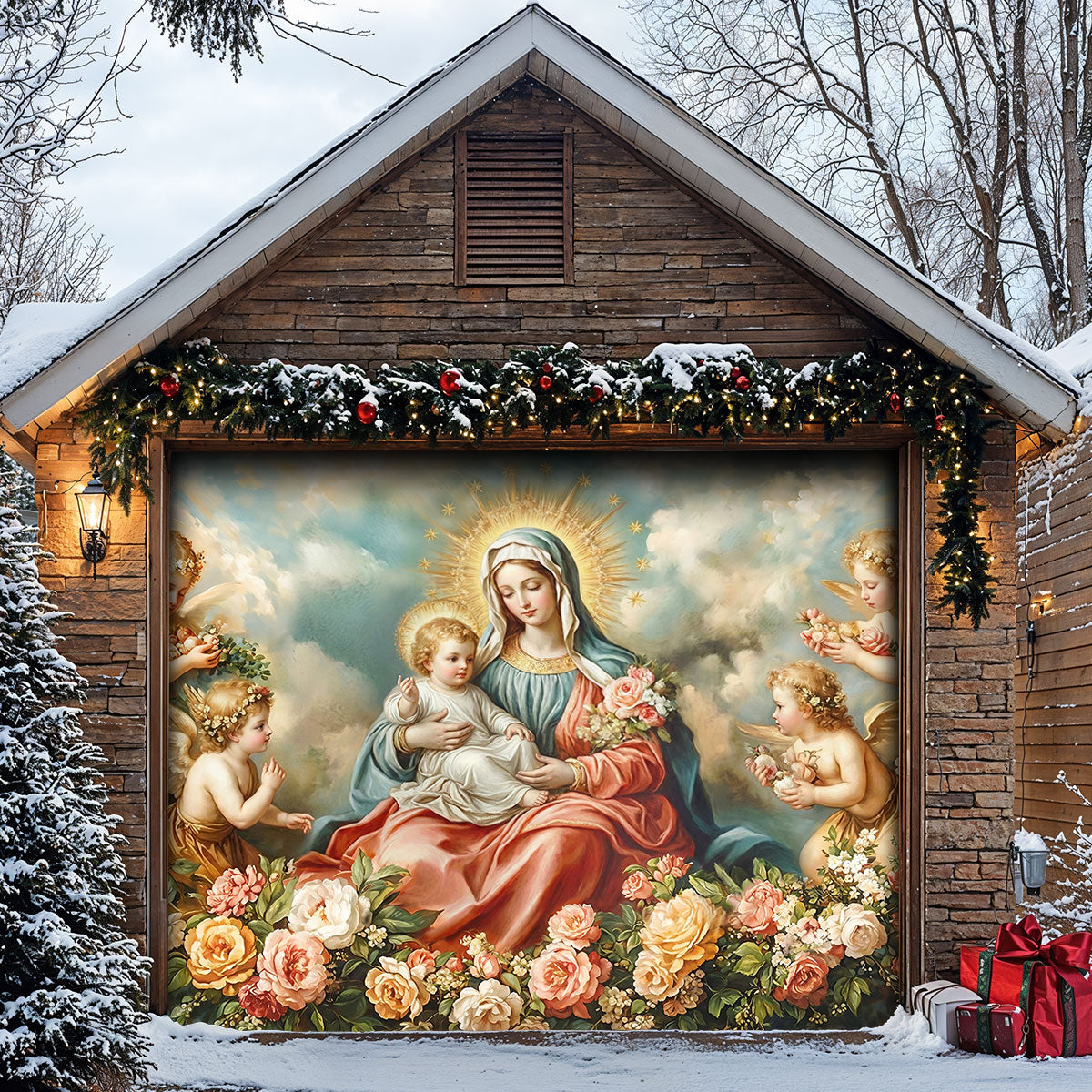 Virgin Mary Garage Door Banner Decoration - Divine Motherhood in a Garden of Angels