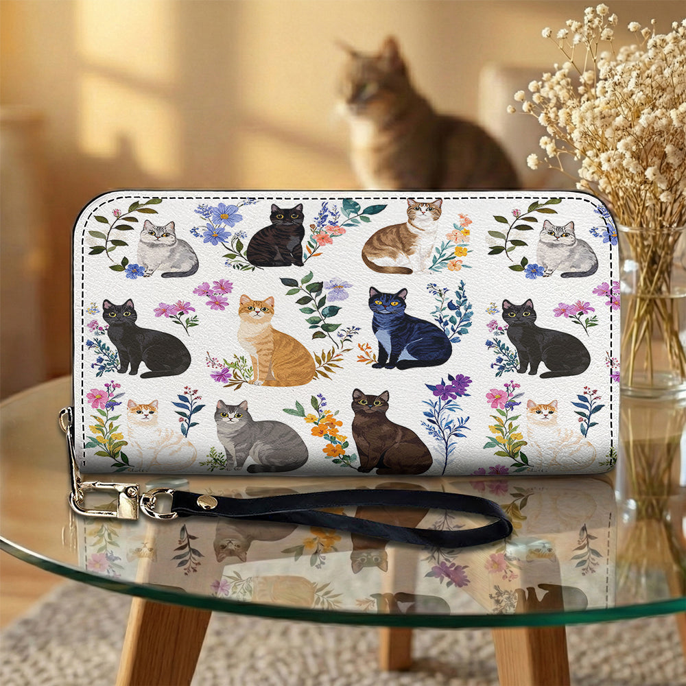 Cat Lover Leather Wallet Charming Floral Cats