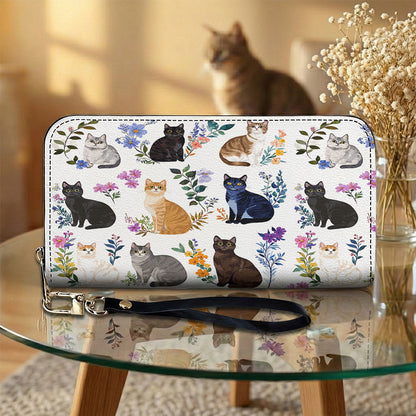 Cat Lover Leather Wallet Charming Floral Cats