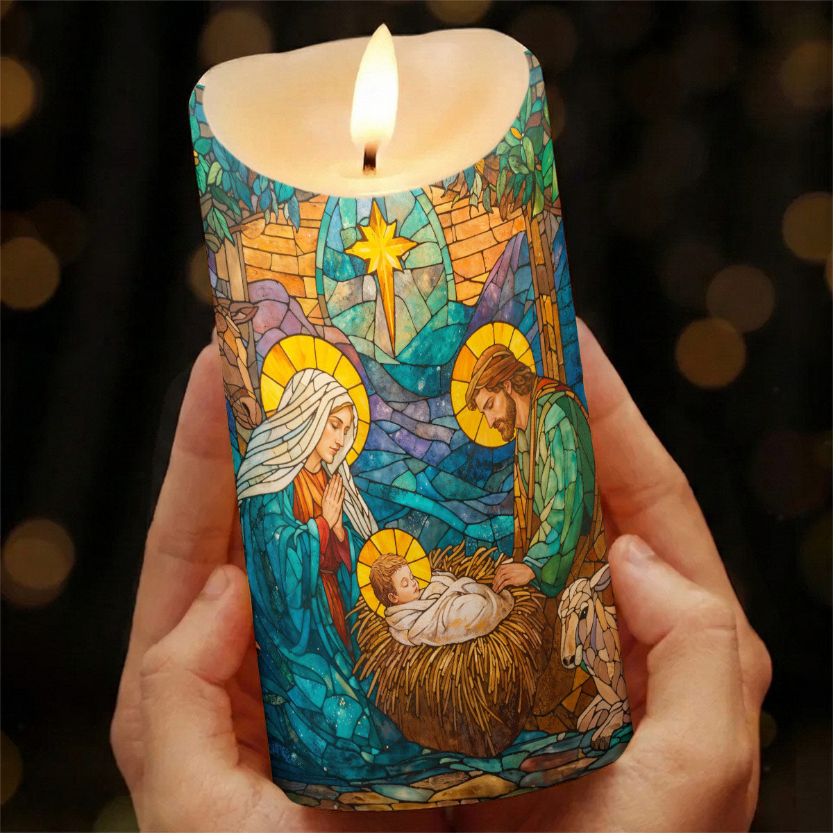 God LED Candle Stained-Glass Nativity of Light