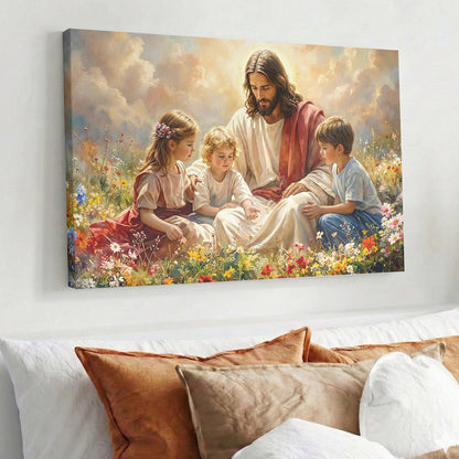 God Wooden-Framed Canvas Wall Art Jesus and the Little Ones In the Wildflower Meadow
