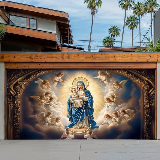 God Garage Door Banner Decoration -  Mary and the Child Jesus in Heavenly Radiance