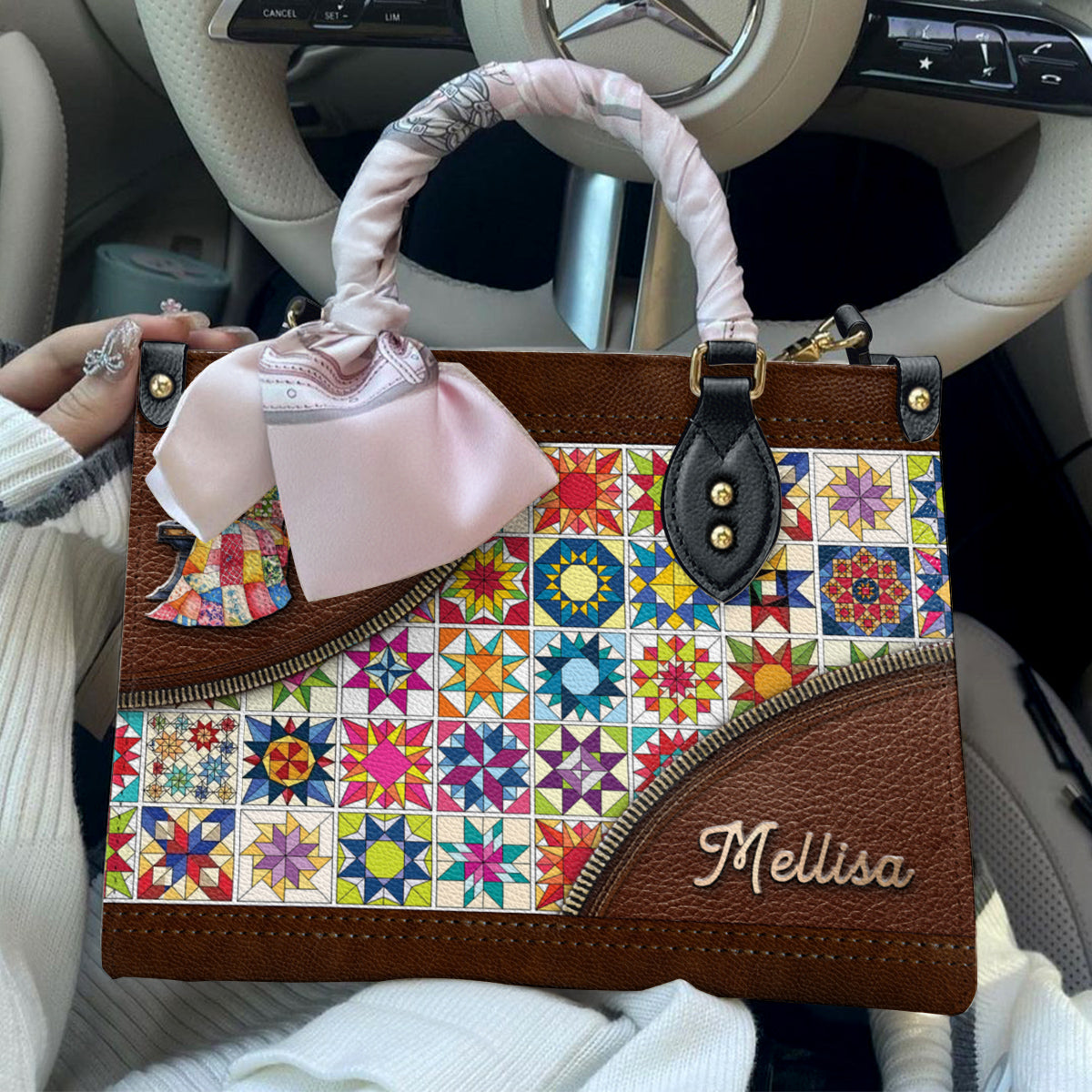 Sewing Lover Leather Handbag Personalized Colorful Quilt Blocks