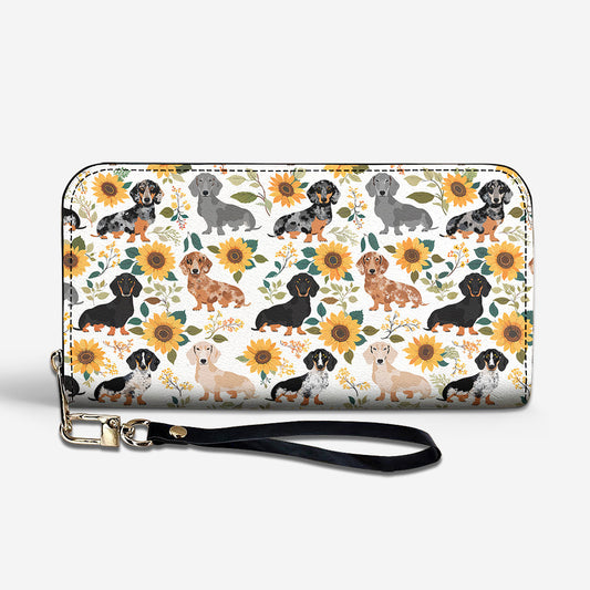 Dachshund Leather Wallet Dachshunds Among Sunflowers