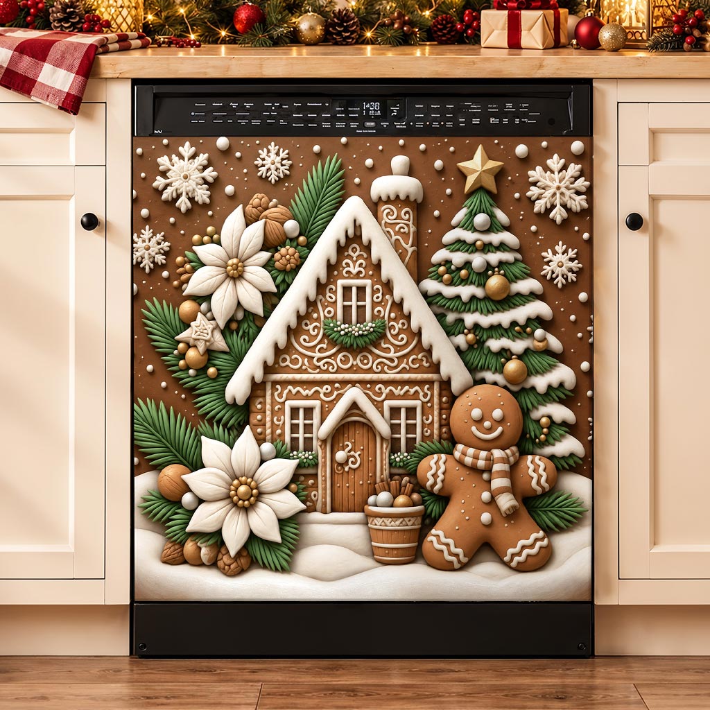 Christmas Magnetic Dishwasher Cover Gingerbread Christmas Cottage