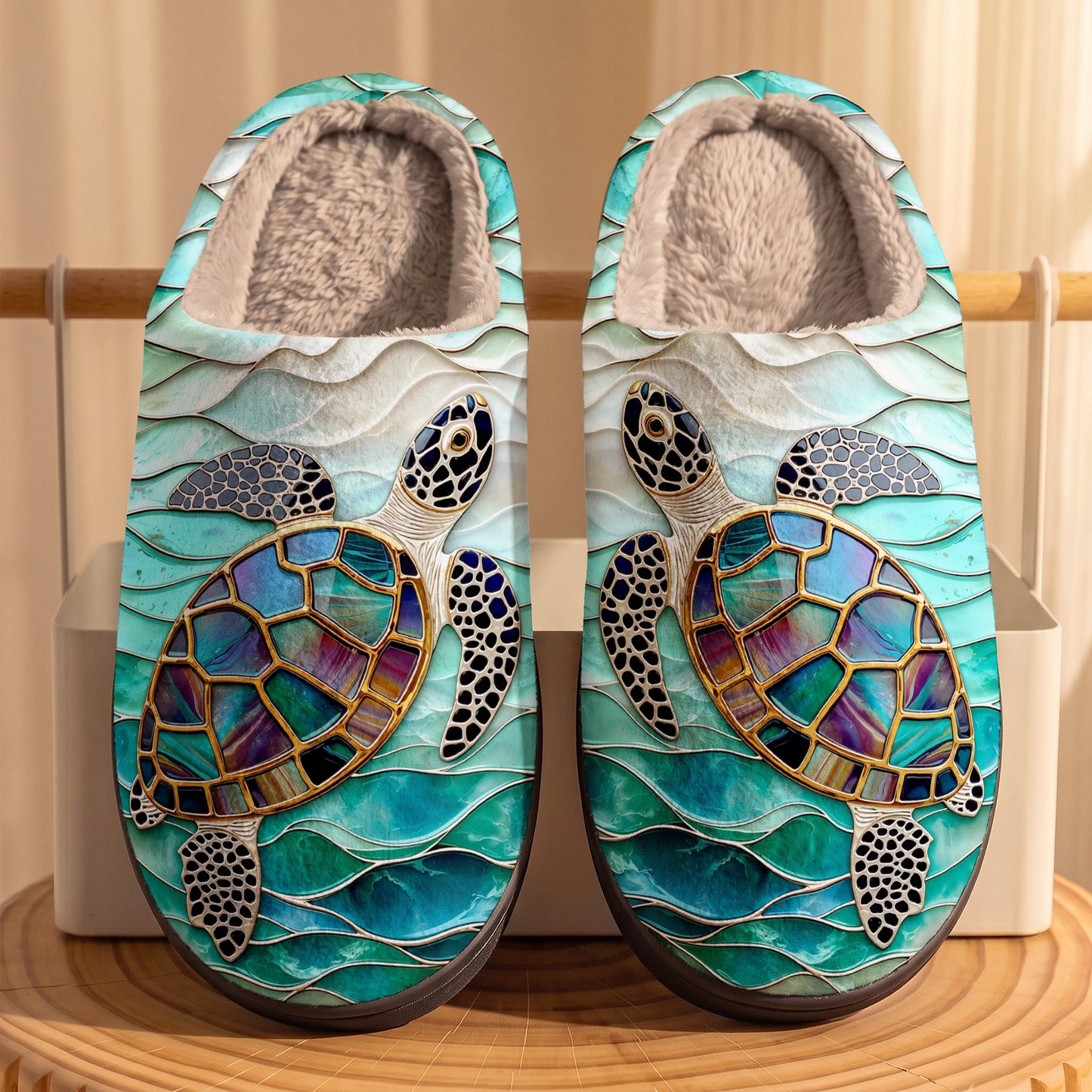 Sea Turtle Fleece Lined Slippers Iridescent Sea Turtle In Turquoise Tides