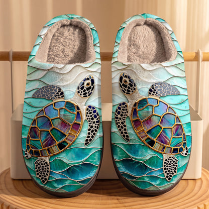 Sea Turtle Fleece Lined Slippers Iridescent Sea Turtle In Turquoise Tides