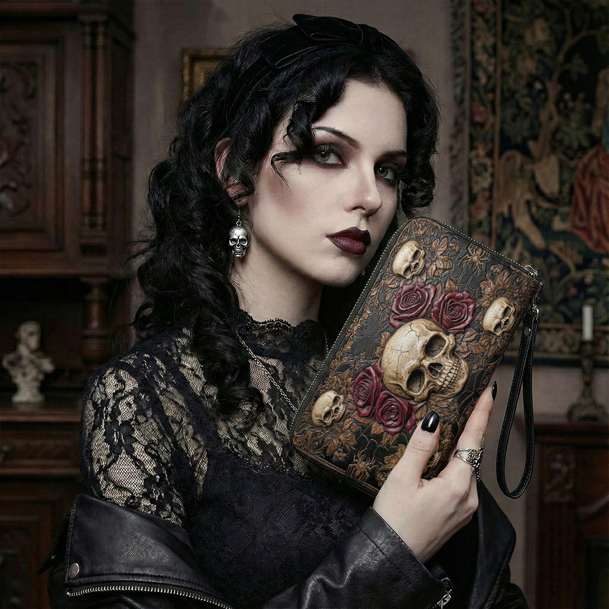 Skull Leather Wallet Gothic Skull Memento in Bloom