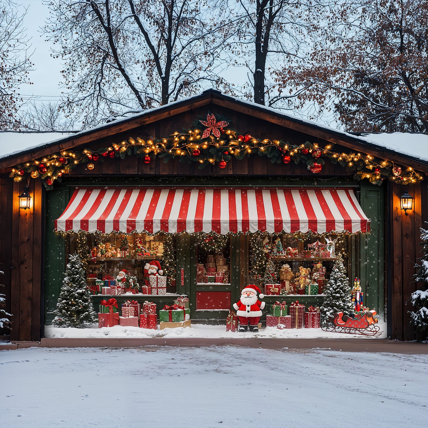 Christmas Garage Door Banner Decoration - Christmas Magic at the Window A Snowy Shopfront with Santa and Presents