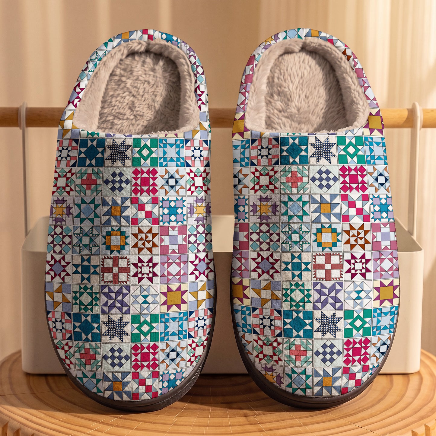 Sewing Lover Fleece Lined Slippers Traditional Quilt Blocks
