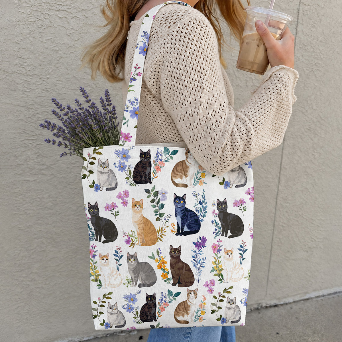 Cat Canvas Tote Bag Charming Floral Cats