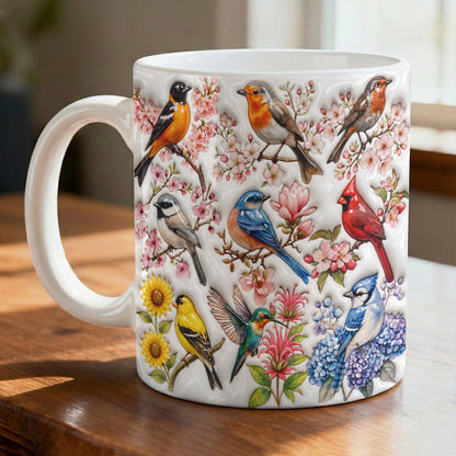 Bird Lovers Ceramic Mug Puffy Spring Birds Blossom Garden