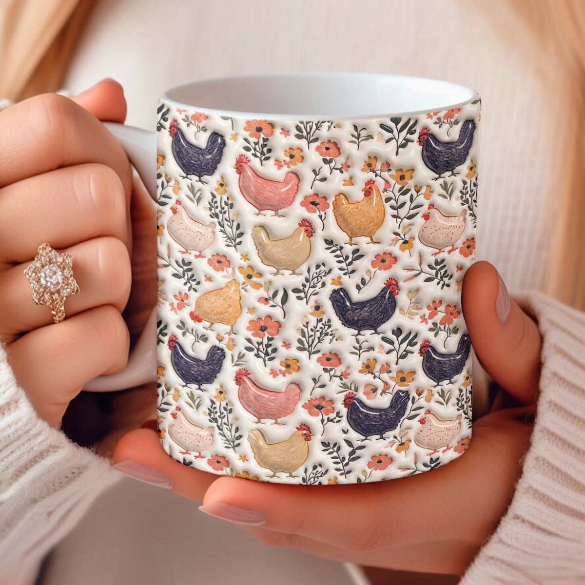 Chicken Ceramic Mug Farmyard Chickens In Bloom