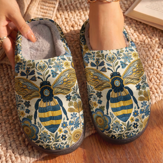 Bee Fleece Lined Slippers Golden Bee In Blue Blooms