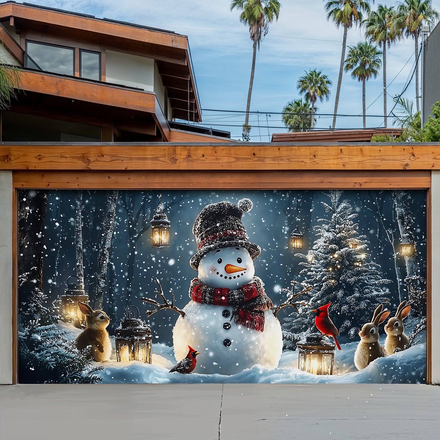 Christmas Garage Door Banner Decoration - Snowman and Forest Companions in a Lantern Lit Winter Scene