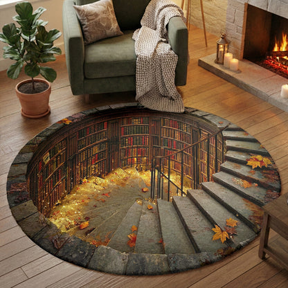 Reading Round Rug Enchanted Spiral Library Hollow 3D Illusion Flat Print