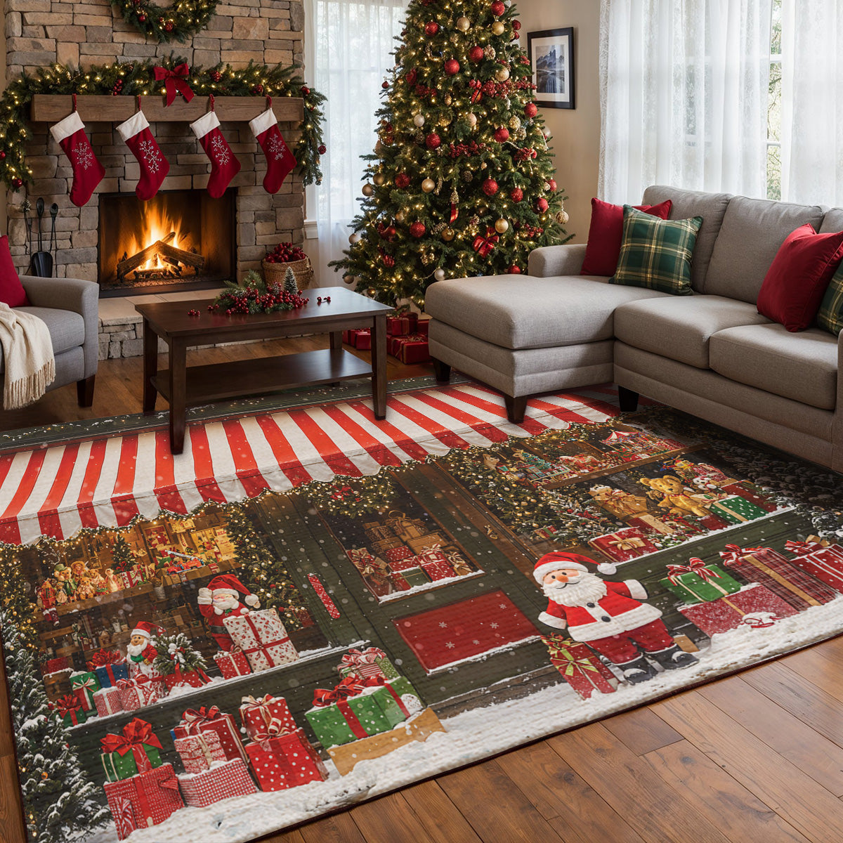 Christmas Area Rug Christmas A Snowy Shopfront with Santa and Presents