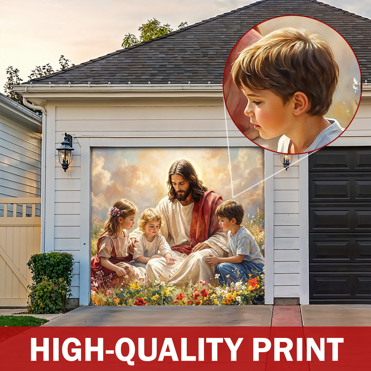 God Garage Door Banner Decoration - Jesus and the Little Ones In the Wildflower Meadow