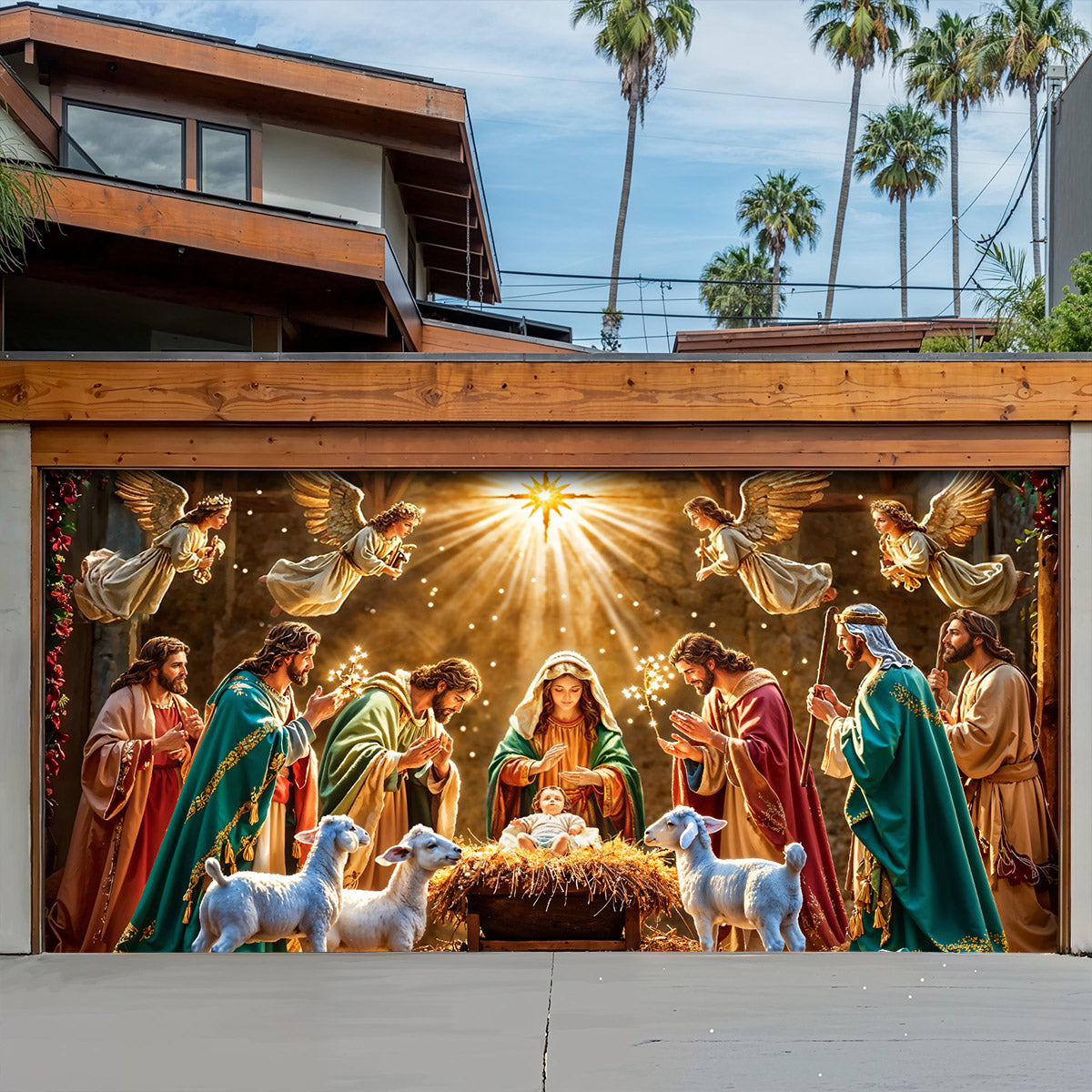 God Garage Door Banner Decoration - Divine Light at the Manger The Nativity Scene