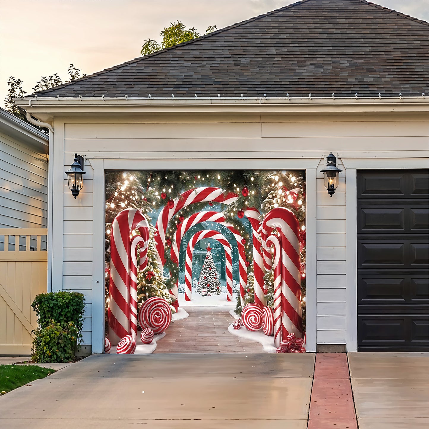 Christmas Garage Door Banner Decoration - Giant Canes on Christmas Lane