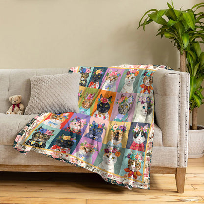 Cat Fleece Blanket Floral Cat Fantasy
