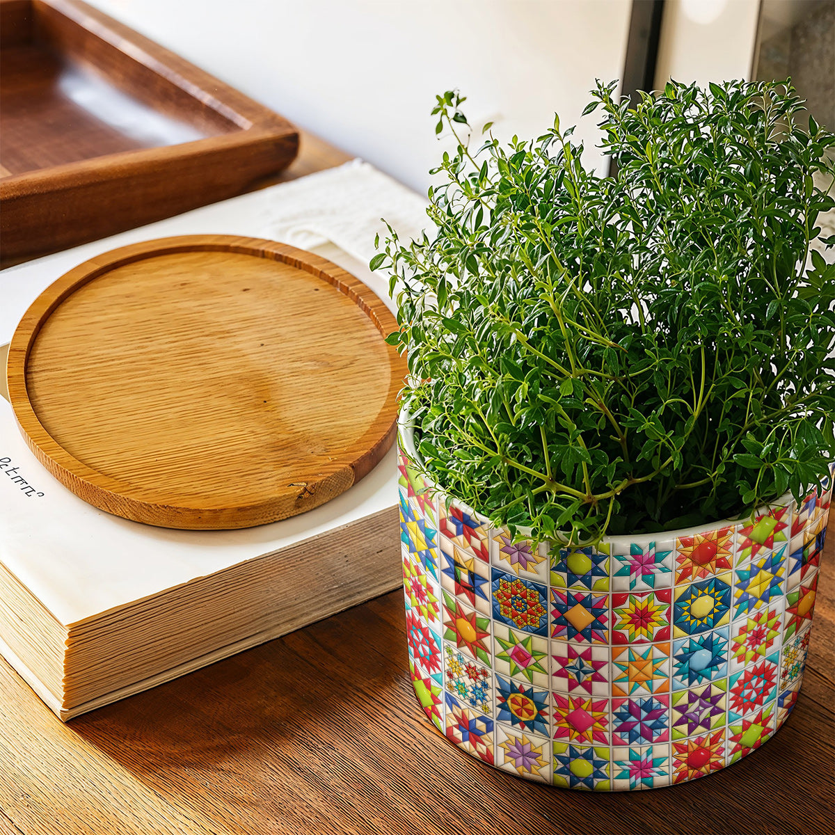 Sewing Lover Ceramic Plant Pot with Bamboo Tray Colorful Star Quilt Blocks