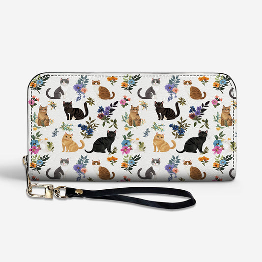 Cat Lover Leather Wallet Cute Floral Cats