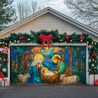 God Garage Door Banner Decoration Stained-Glass Nativity of Light