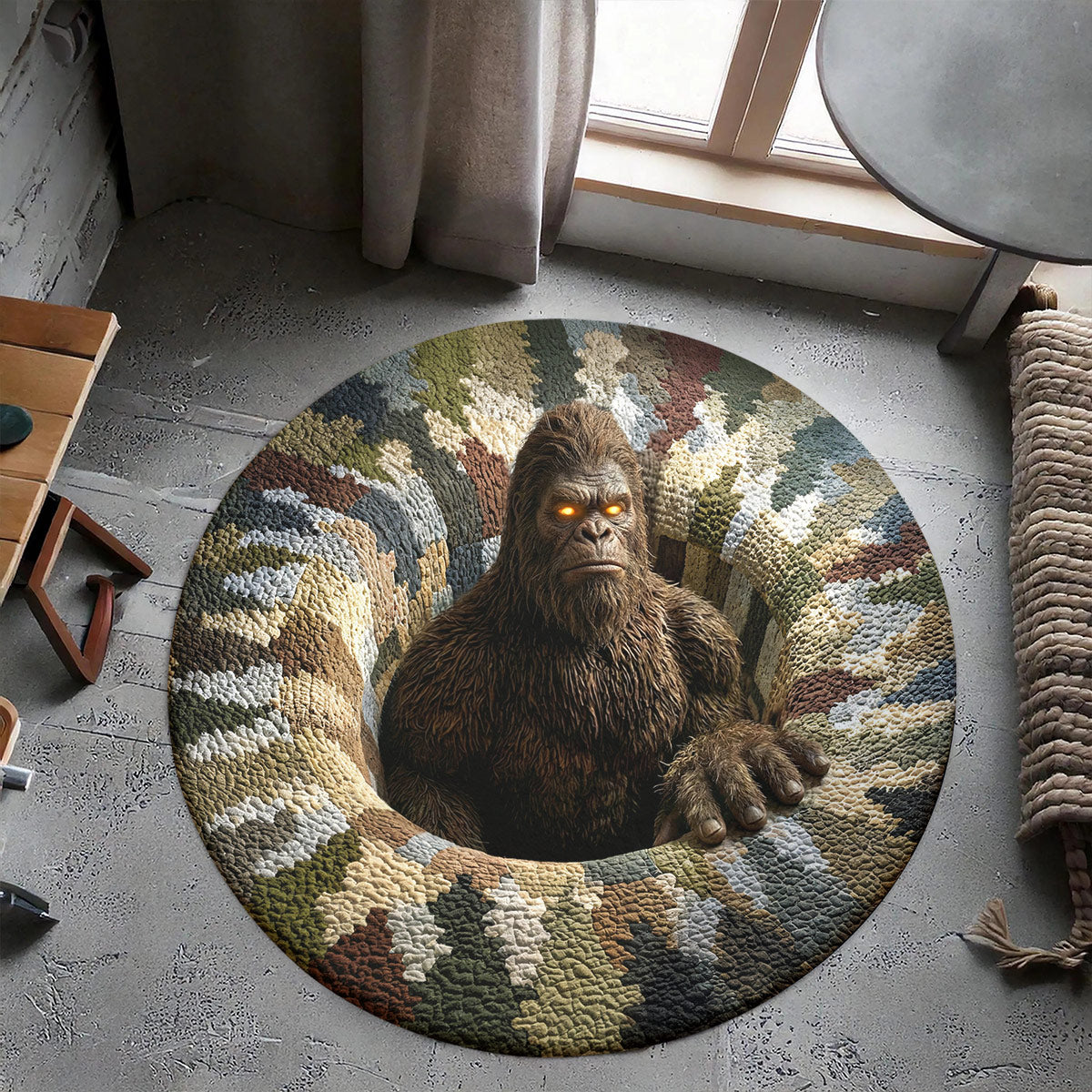 Bigfoot Round Rug 3D Illusion Flat Print Hidden Sasquatch Den