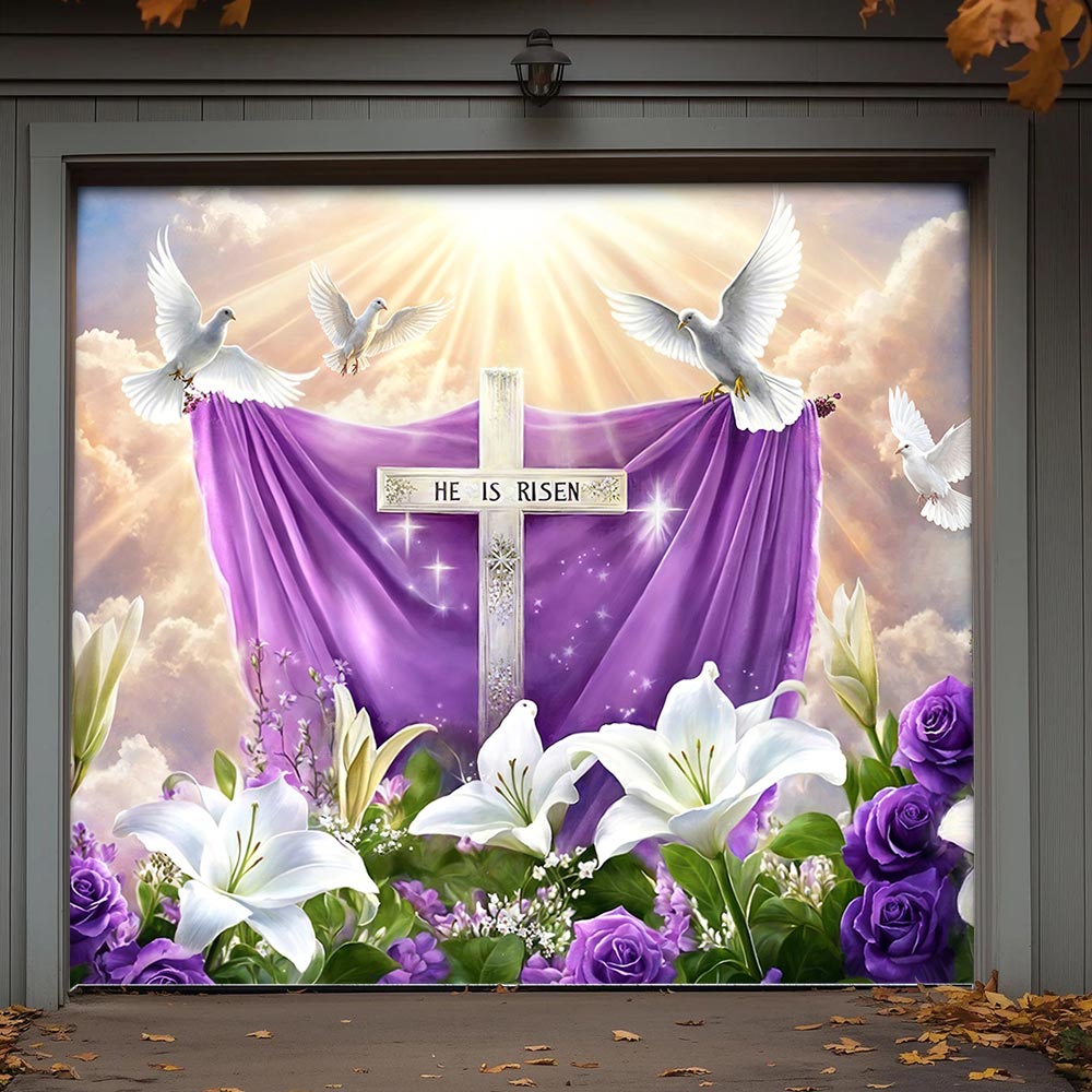 Christian Easter Garage Door Banner Decoration - 'He Is Risen' Resurrection in Bloom