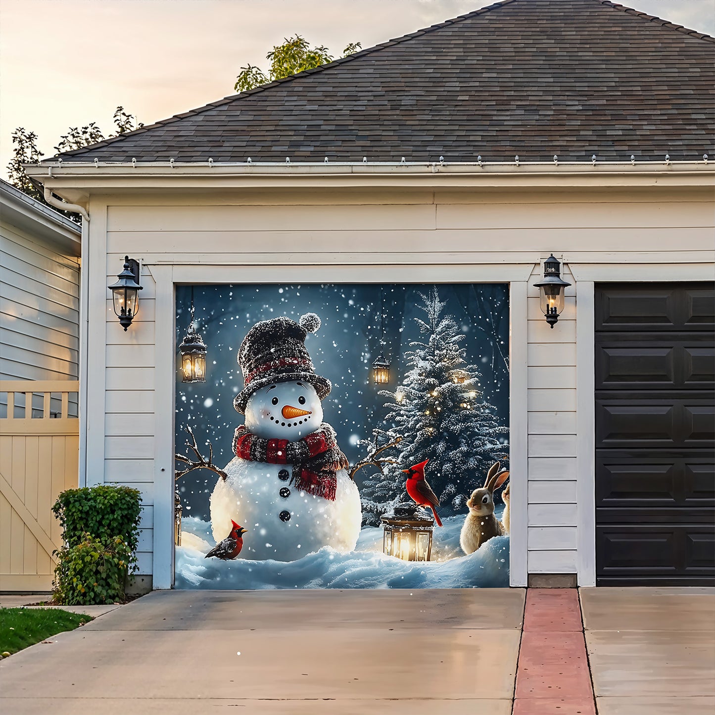 Christmas Garage Door Banner Decoration - Snowman and Forest Companions in a Lantern Lit Winter Scene