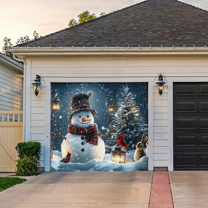 Christmas Garage Door Banner Decoration - Snowman and Forest Companions in a Lantern Lit Winter Scene